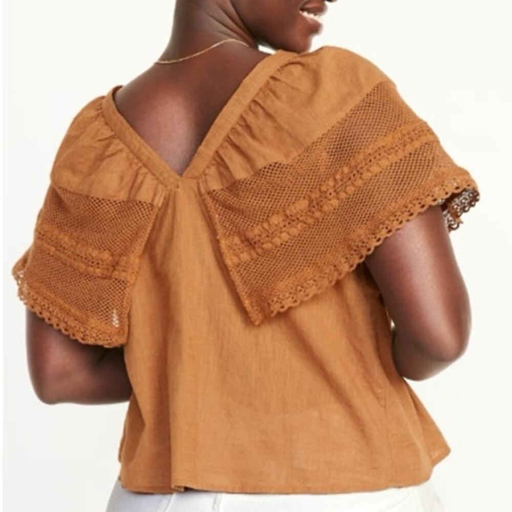Old Navy Crochet Flutter Sleeve Swing Peasant Top XXL Sisal Burnt Orange Boho
